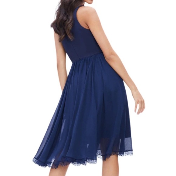 NWT Dress the Population Alicia Mixed Media Midnight Blue Midi Dress - Sz L - Picture 3 of 9